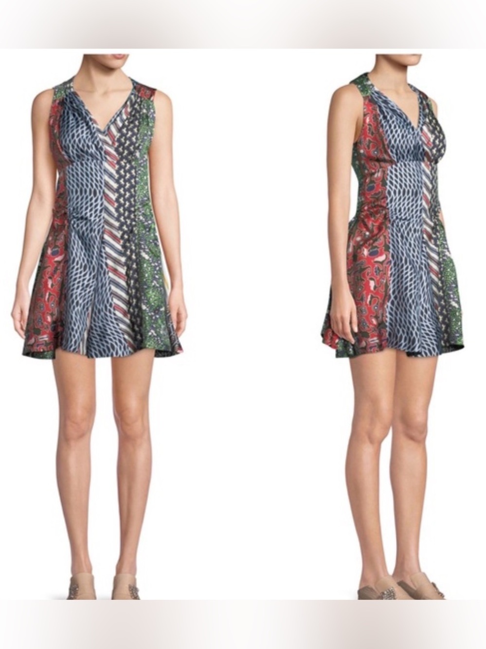 Carven Multicolor Patterned Sleeveless V-Neck Mini As is size 34 Pleated horse
